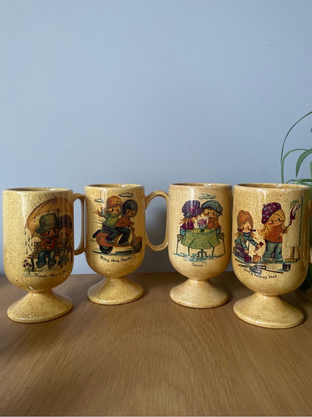 Vintage MCM Pedestal Mugs with Whimsical Children Illustrations Set of 4